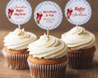 Topper para cupcake, tema "Ela está pronta para estourar" (Blue Soda), adesivos fofos para chá de bebê, etiquetas de agradecimento editáveis, decoração para chá de bebê BS101