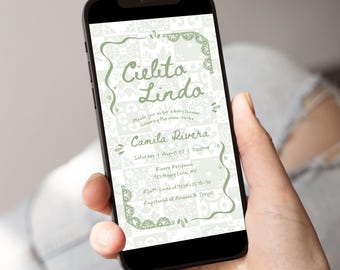 Cielito Lindo Baby Shower Evite Invitation Sage Green, Whimsical Hand Drawn, Editable Mexican Talavera Invite, Papel Picado, Canva - BS45