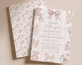 Invitación para baby shower con diseño de toile rosa, plantilla floral editable, descarga digital para baby shower de niña con estilo chinoiserie - BS94A