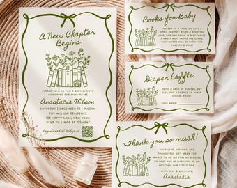 New Chapter Begins Baby Shower Invitation Bundle, Storybook Baby Shower, Wildflower Digital Invite, Book Theme, Hand Drawn Bow - BS92D