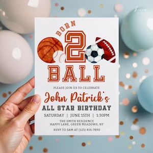 Faire-part Born 2 boule, modèle 2e anniversaire modifiable, invitation à une fête sportive, téléchargement immédiat, carte imprimable - KBD17