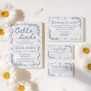 Cielito Lindo Baby Shower Set Azul, Invitación Editable a Talavera Mexicana, Papel Picado, Paquete de Invitación para Bebé Niño, Plantilla Canva - BS44