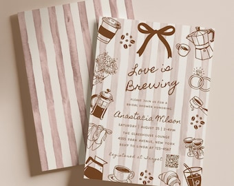 Invito "Love is Brewing Coffee", invito modificabile per addio al nubilato, download digitale, festa a tema caffè, fiocco stravagante disegnato a mano - BR1A1