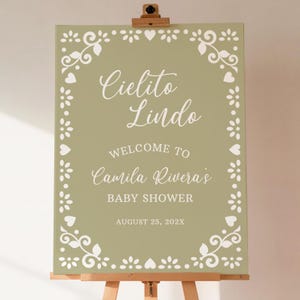 Placa de boas-vindas Cielito Lindo, verde-sálvia, gênero neutro, decoração editável para chá de bebê, tema Talavera mexicana, placa de festa em papel picado - BS7