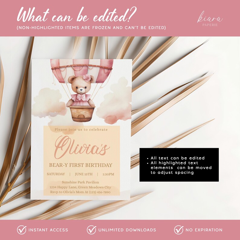 Invitación de primer cumpleaños de Beary: Osito rosa para niña - KBD43 imagen 5