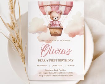Faire-part premier anniversaire Beary : invitation ours en peluche rose pour fille - KBD43