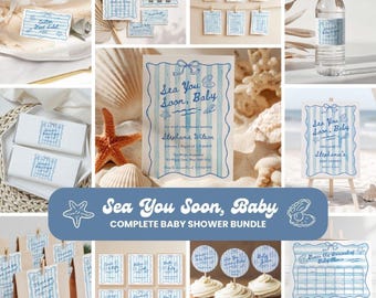 Zestaw na baby shower Sea You Soon, zaproszenia z możliwością edycji w stylu nadmorskim, gry i dekoracje na imprezę w stylu plażowym, zestaw na baby shower z muszelkami Canva - BS62