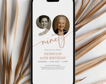90th Birthday Digital Invitation Evite Template with Rose Gold Accent, Editable with Then & Now Photo Layout, Minimalist Design - 001ABG3