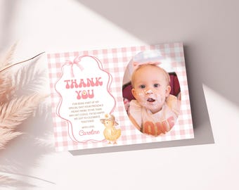 One Cute Chick Photo Thank You Card, Editable Template, Chicken Birthday Theme, This Chick is One Decor - KBD22