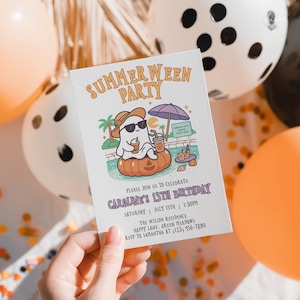 Invitación de cumpleaños de verano, invitación editable para fiesta en la piscina, descarga digital, celebración de verano espeluznante - KBD32