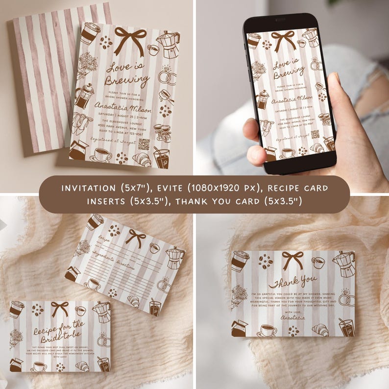 Love is Brewing Coffee Bridal Shower Bundle: Editable Invitations, Games, Signs (Digital Download) - BR1A1