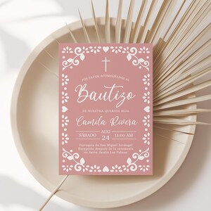 Cielito Lindo Baptism Invitation Pink Spanish, Dusty Rose, Editable Template, Mexican Theme, Papel Picado, Girl Bautizo Invite - RC10