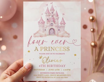 Cuatro Princesas para Siempre, Invitación de Cumpleaños Editable, Producto Digital, Fiesta de Princesas para el 4.º Cumpleaños, Invitación a un Castillo Mágico - KBD10