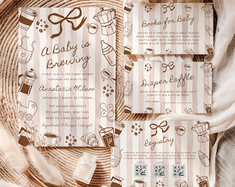 A Baby is Brewing Coffee Invitation Set, Registry with QR Code, Books for Baby, Diaper Raffle, Digital Download - BS64b
