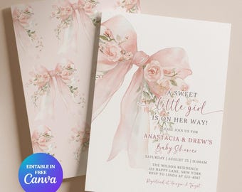 Pink Bow Baby Shower Invitation, Editable Canva Template, Digital Girl Invite, Floral Coquette Theme for Baby Girls - BS95B