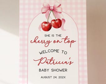 Cherry on Top Baby Shower Welcome Sign Template, Editable Pink Coquette Design, Cute Cherry Theme for Girls - BS10
