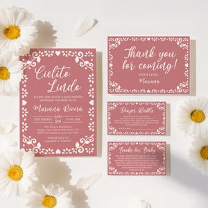 Cielito Lindo Baby Shower Invitation Set Pink, Girl Baby Shower, Editable Mexican Talavera Theme, Papel Picado Digital Invite Bundle - BS5