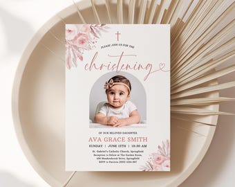 Girl Christening Invitation, Boho Floral Pink Design, Editable Baby Girl Baptism Invite, Simple and Elegant with Photo - RC1b