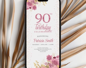 90th Birthday Digital Invitation Evite Template with Floral Pink and Gold Design - 003ABG