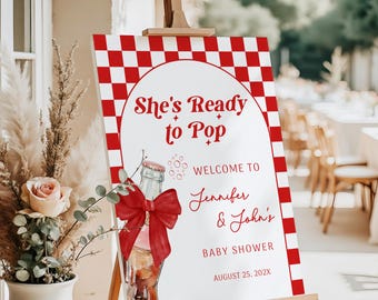 She's Ready to Pop Baby Shower Welcome Sign, Girl Baby Shower, Editable Template, Soda Pop Baby Shower Decor, Red Coquette Bow - BS102