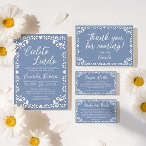 Invitaciones para baby shower &quot;Cielito Lindo&quot; en azul polvoriento, baby shower de niño, temática de Talavera mexicana editable, paquete de invitaciones de Papel Picado - BS6