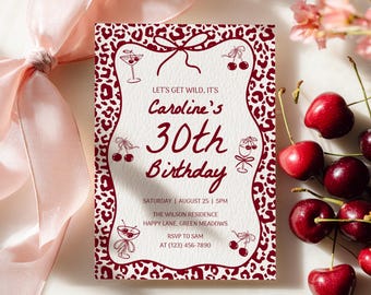 Cherry and Cheetah Birthday Invitation, 30th Birthday Girl Any Age,Fun Editable Digital Invite Template for Girls Night Celebration - ABD5