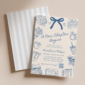 Peut inclure: Une invitation de fête prénuptiale avec un fond crème et des illustrations bleues de livres, de chaussures et de boissons. Le texte "A New Chapter Begins" est présent, ainsi que les détails de l'événement et un code QR.