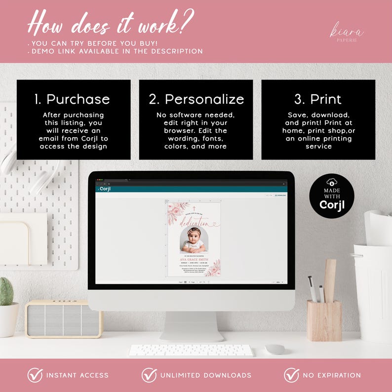 May include: A computer monitor displays a baptism invitation template with a baby's photo. The image includes text: "How does it work?" and instructions for purchase, personalization, and printing. The design features floral accents.