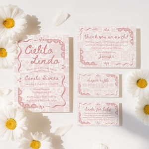 Cielito Lindo Baby Shower Set Pink, Editable Mexican Talavera Invite, Papel Picado, Invitation Bundle for Baby Girl, Canva Template - BS43