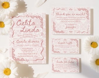 Cielito Lindo babyshowerset roze, bewerkbare Mexicaanse talavera-uitnodiging, Papel Picado, uitnodigingsbundel voor babymeisje, canvassjabloon - BS43