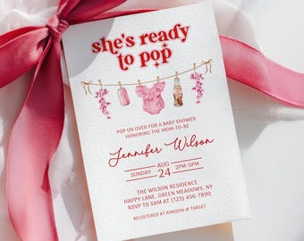Invitación para baby shower "Está lista para tomar un refresco", color rosa, con tendedero, plantilla personalizable, descarga digital, divertida invitación con temática de refresco - BS72b