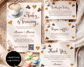 A Baby is Brewing Coffee-uitnodigingsset, met QR-code voor register, boeken voor baby, luierloterij, digitale download - BS80