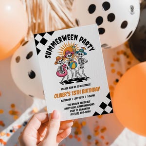 Invitación de cumpleaños de Summerween, invitación editable para fiesta en la piscina, descarga digital, celebración de verano espeluznante - KBD36