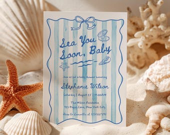 Sea You Soon Baby Shower Invitation Boy, Editable Blue Coastal Theme, Summer Invite with Bow & Seashells, Hand Drawn Whimsical, Canva BS62
