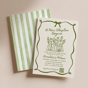 A New Chapter Begins Baby Shower Invitation with QR Code, Editable Template, Storybook Digital Invite, Hand Drawn Whimsical Bow - BS92D