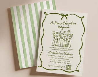 A New Chapter Begins Baby Shower Invitation with QR Code, Editable Template, Storybook Digital Invite, Hand Drawn Whimsical Bow - BS92D