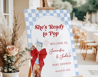 Letrero de bienvenida para baby shower "Lista para dar a luz", Baby Shower para niño, Plantilla editable, Decoración para baby shower con temática de refresco azul, Lazo rojo coqueto - BS101