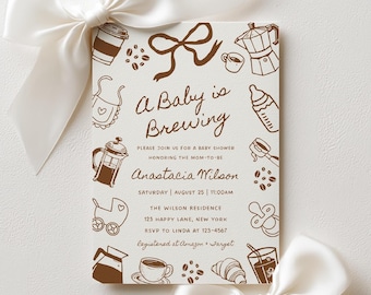 Invitación "Bebé está preparando café", plantilla editable para bebé de género neutro, descarga digital, dibujo a mano, Canva BS64