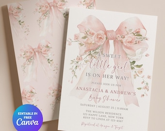 Może przedstawiać: Zaproszenie na baby shower z akwarelowym wzorem. Zaproszenie zawiera dużą różową kokardę z kwiatowymi akcentami i tekstem "A Sweet Little Girl Is On Her Way!". Zaproszenie zawiera również szczegóły wydarzenia i tekst "Editable in Canva."