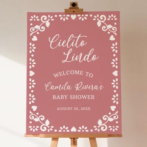 Cartello di benvenuto Cielito Lindo rosa per bambine, decorazione modificabile per baby shower, tema Talavera messicano, cartello per festa Papel Picado - BS5