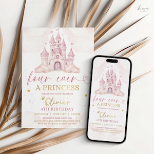 Carte d'invitation d'anniversaire « Four Ever a Princess », invitation modifiable pour le 4e anniversaire, fête de princesse magique, téléchargement numérique - KBD10