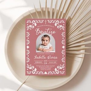 Cielito Lindo Baptism Invitation Pink Spanish, With Photo, Editable Template, Mexican Theme, Papel Picado, Girl Bautizo Invite - RC9