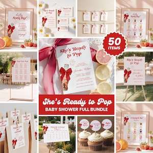 May include: A baby shower full bundle with a "She's Ready to Pop" theme. The set includes invitations, signs, cupcake toppers, and a soda bar menu. The color scheme is red and white, with a bottle illustration and bow.