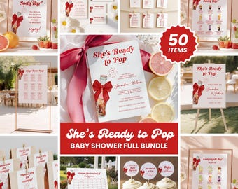She's Ready to Pop Baby Shower Bundle Complete, Editable Invitation Set, Baby Shower Games, Welcome Sign, Favor Tag, Bar Sign, Bow - BS35