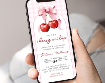 Cherry on Top Baby Shower Evite, Editable Pink Coquette Design, Gingham Pink, Cute Cherry Theme for Girls, Invitation Template - BS10