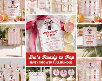 She's Ready to Pop Baby Shower Bundle Complete, Pink Editable Invitation Set, Baby Shower Games, Welcome Sign, Favor Tag, Bar Sign BS22