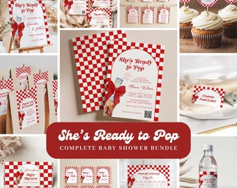 Zestaw na baby shower She's Ready to Pop, kompletny dla chłopca, edytowalny zestaw zaproszeń, gry na baby shower, tabliczka powitalna, etykieta na upominek - BS100