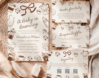 Uitnodigingsset A Baby is Brewing Coffee, register met QR-code, boeken voor baby, luierloterij, digitale download - BS64