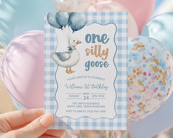 One Silly Goose Birthday Invitation, Blue Gingham, Editable Template for Boy 1st Birthday, Digital Goose Party Invite - KBD31