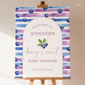 Blueberry Baby Shower Welcome Sign, Girl Baby Shower, Berry Sweet Baby Editable Template, Digital Download Party Decor - BS15b